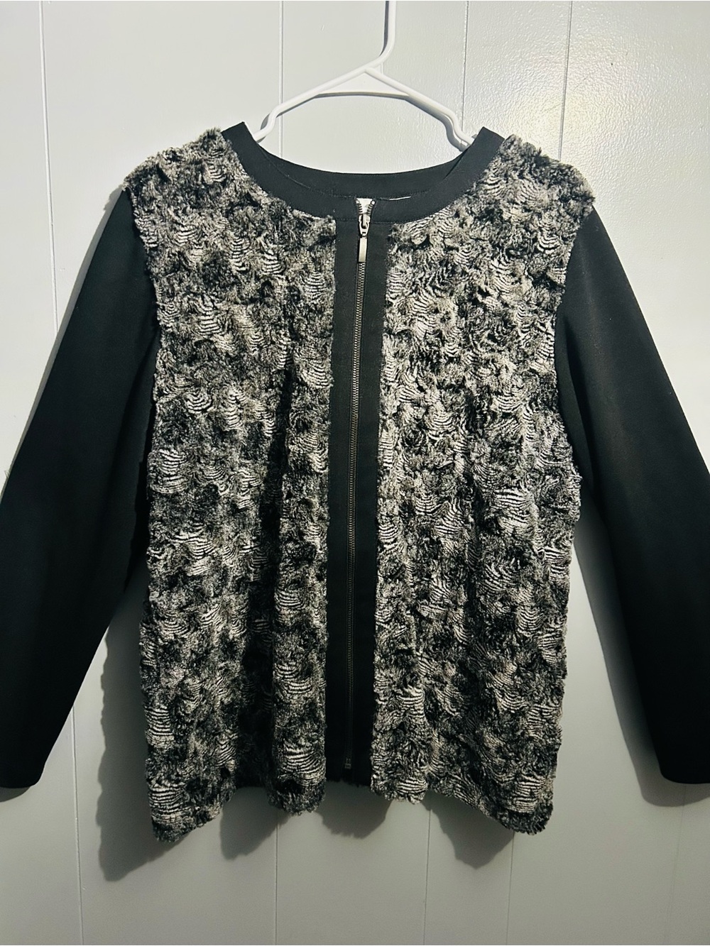 Alfred Dunner Black & Gray Faux Fur Front Zip Teddy Jacket